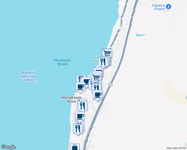map of restaurants, bars, coffee shops, grocery stores, and more near 3543 Lower Honoapiilani Road in Lahaina
