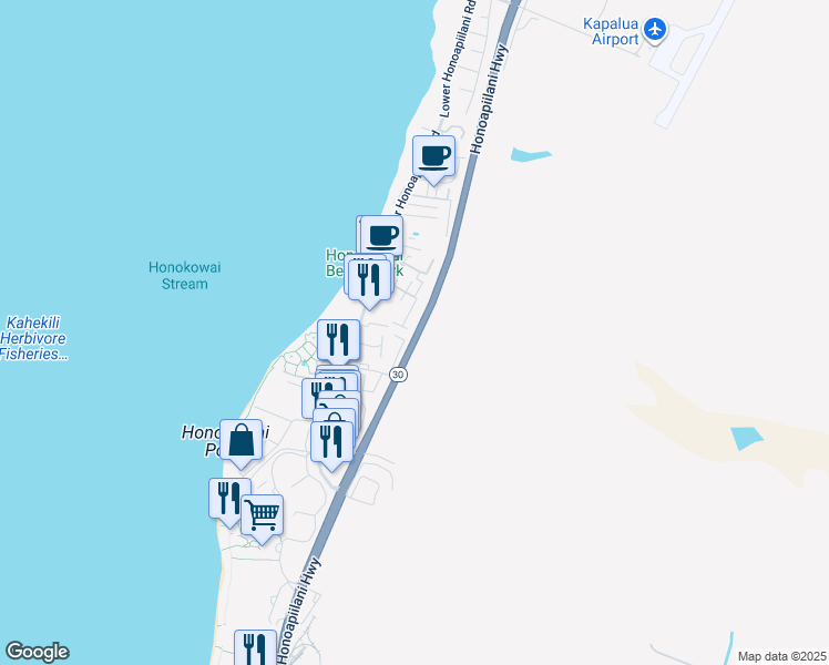 map of restaurants, bars, coffee shops, grocery stores, and more near 3543 Lower Honoapiilani Road in Lahaina