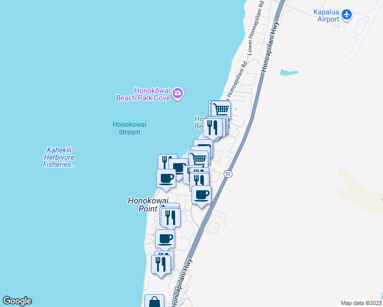 map of restaurants, bars, coffee shops, grocery stores, and more near 3543 Lower Honoapiilani Road in Lahaina