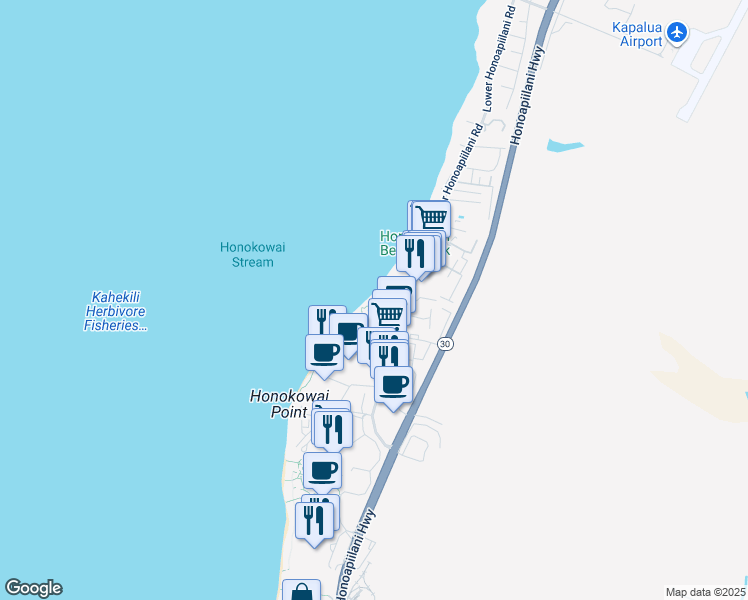 map of restaurants, bars, coffee shops, grocery stores, and more near 3543 Lower Honoapiilani Road in Lahaina