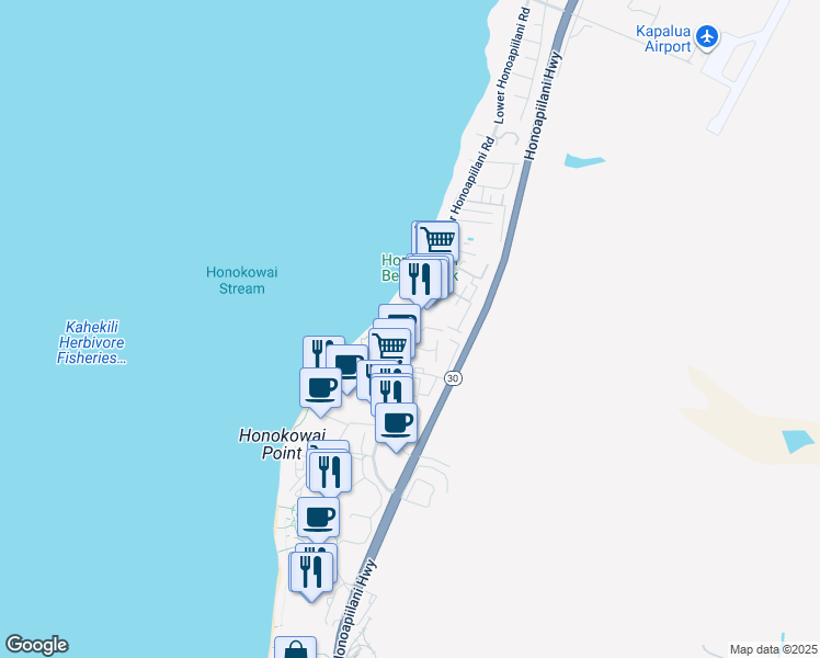 map of restaurants, bars, coffee shops, grocery stores, and more near 3559 Lower Honoapiilani Road in Lahaina