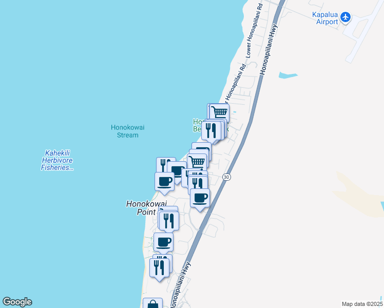 map of restaurants, bars, coffee shops, grocery stores, and more near 3543 Lower Honoapiilani Road in Lahaina