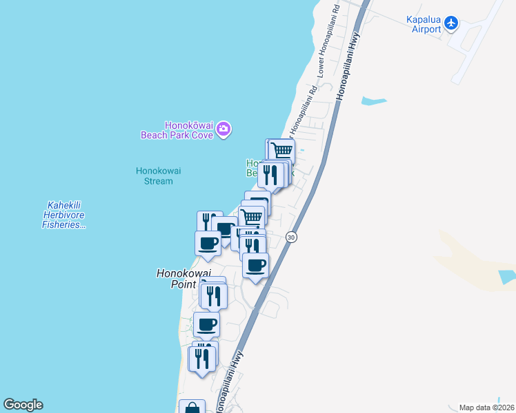 map of restaurants, bars, coffee shops, grocery stores, and more near 3559 Lower Honoapiilani Road in Lahaina
