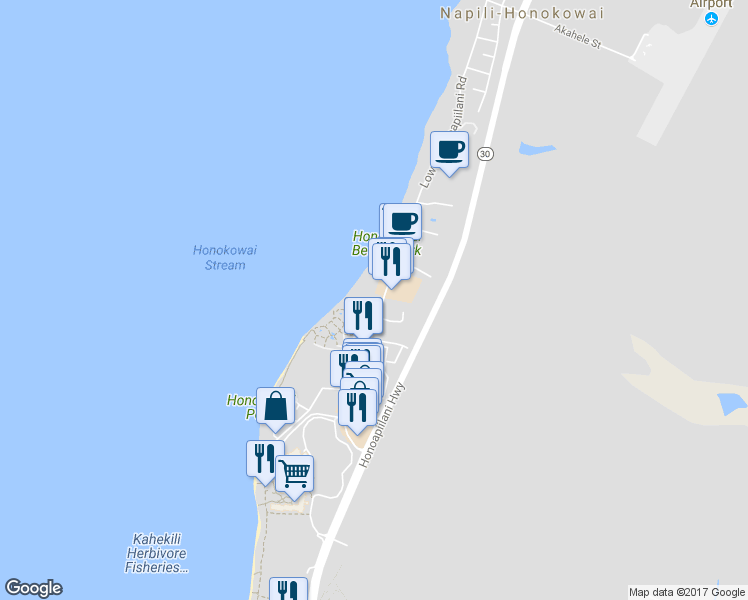 map of restaurants, bars, coffee shops, grocery stores, and more near 3559 Lower Honoapiilani Road in Lahaina