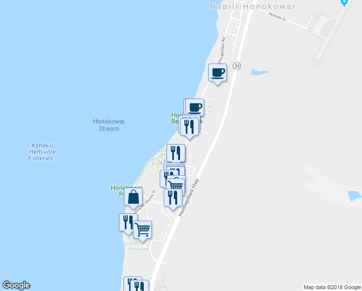 map of restaurants, bars, coffee shops, grocery stores, and more near 3559 Lower Honoapiilani Road in Lahaina