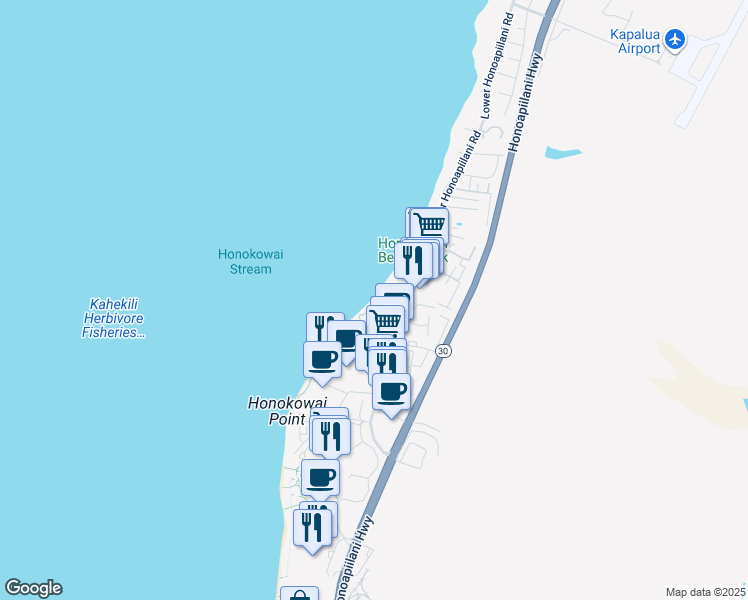 map of restaurants, bars, coffee shops, grocery stores, and more near 3543 Lower Honoapiilani Road in Lahaina