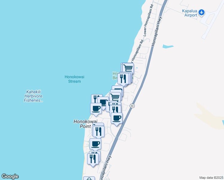 map of restaurants, bars, coffee shops, grocery stores, and more near 3559 Lower Honoapiilani Road in Lahaina