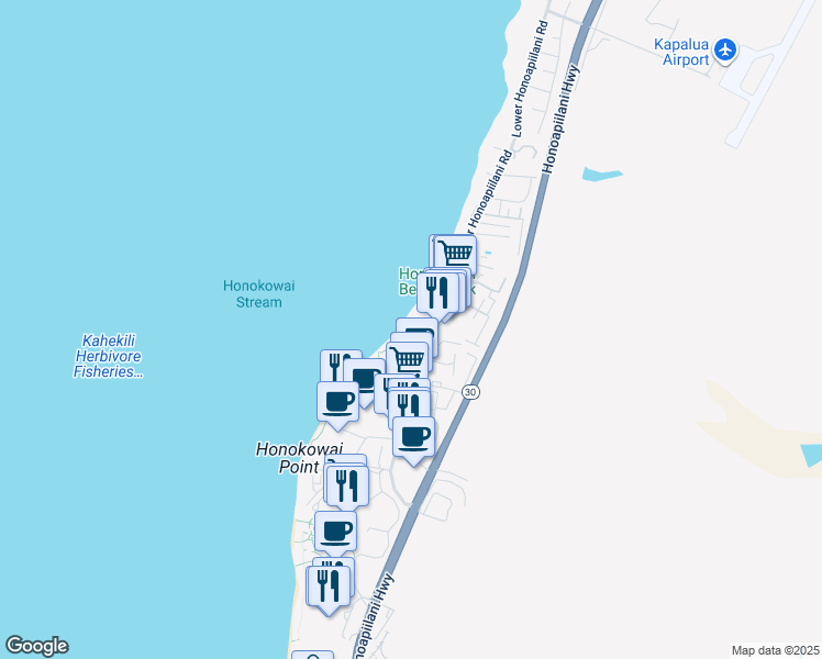 map of restaurants, bars, coffee shops, grocery stores, and more near 3559 Lower Honoapiilani Road in Lahaina