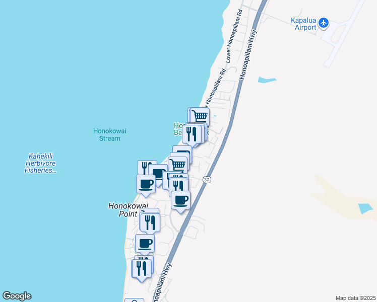 map of restaurants, bars, coffee shops, grocery stores, and more near 3575 Lower Honoapiilani Road in Lahaina