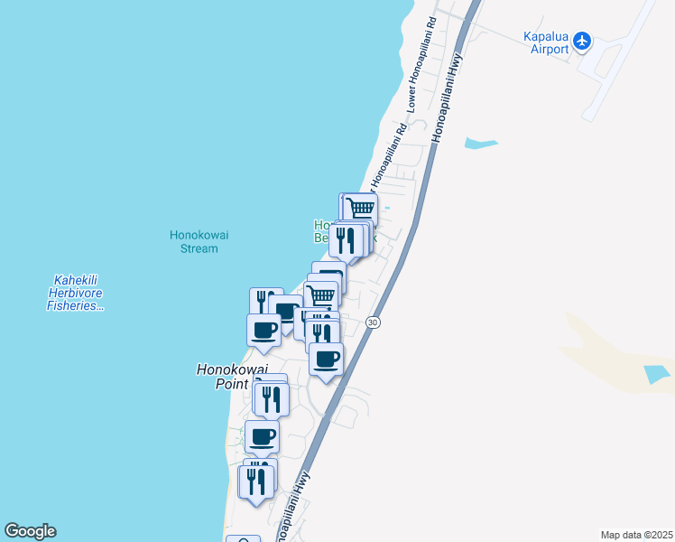 map of restaurants, bars, coffee shops, grocery stores, and more near 3575 Lower Honoapiilani Road in Lahaina