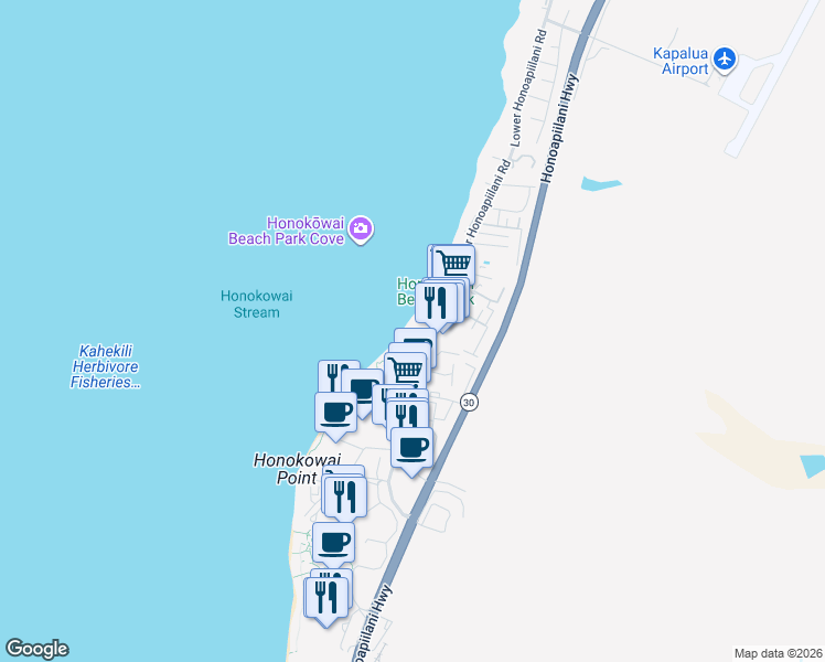 map of restaurants, bars, coffee shops, grocery stores, and more near 3615 Lower Honoapiilani Road in Lahaina