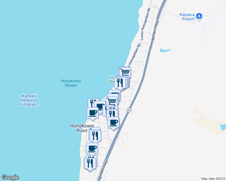map of restaurants, bars, coffee shops, grocery stores, and more near 3559 Lower Honoapiilani Road in Lahaina