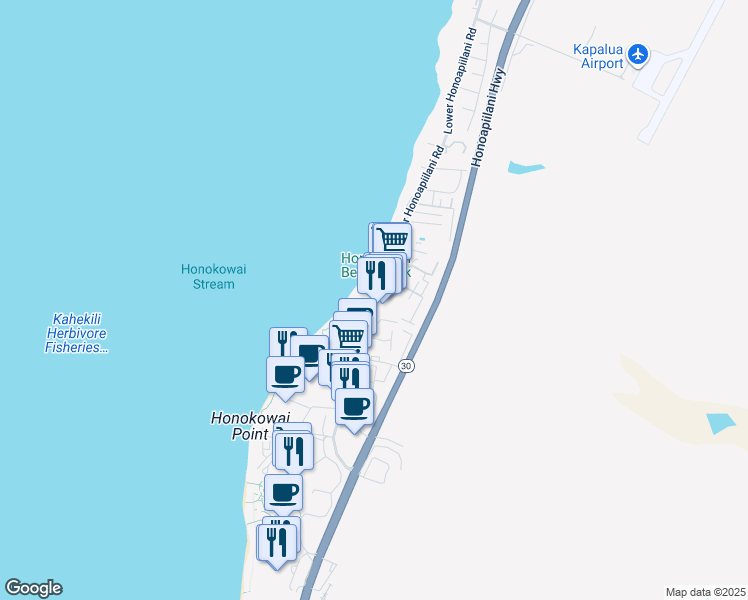 map of restaurants, bars, coffee shops, grocery stores, and more near 3601 Lower Honoapiilani Road in Lahaina