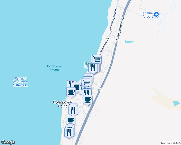 map of restaurants, bars, coffee shops, grocery stores, and more near 3601 Lower Honoapiilani Road in Lahaina