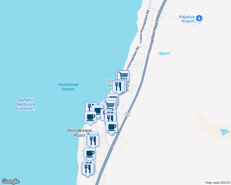 map of restaurants, bars, coffee shops, grocery stores, and more near 3601 Lower Honoapiilani Road in Lahaina