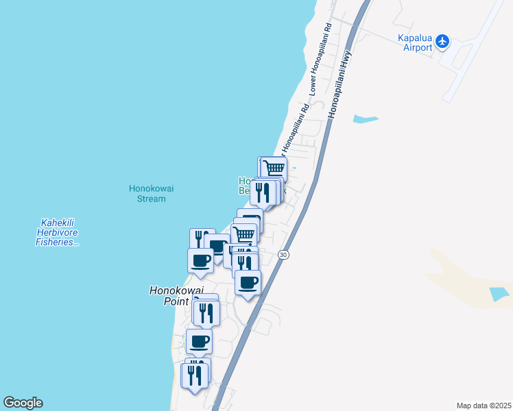 map of restaurants, bars, coffee shops, grocery stores, and more near 3601 Lower Honoapiilani Road in Lahaina