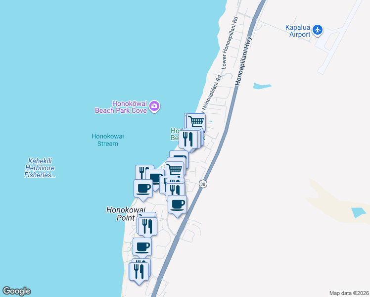 map of restaurants, bars, coffee shops, grocery stores, and more near 3615 Lower Honoapiilani Road in Lahaina