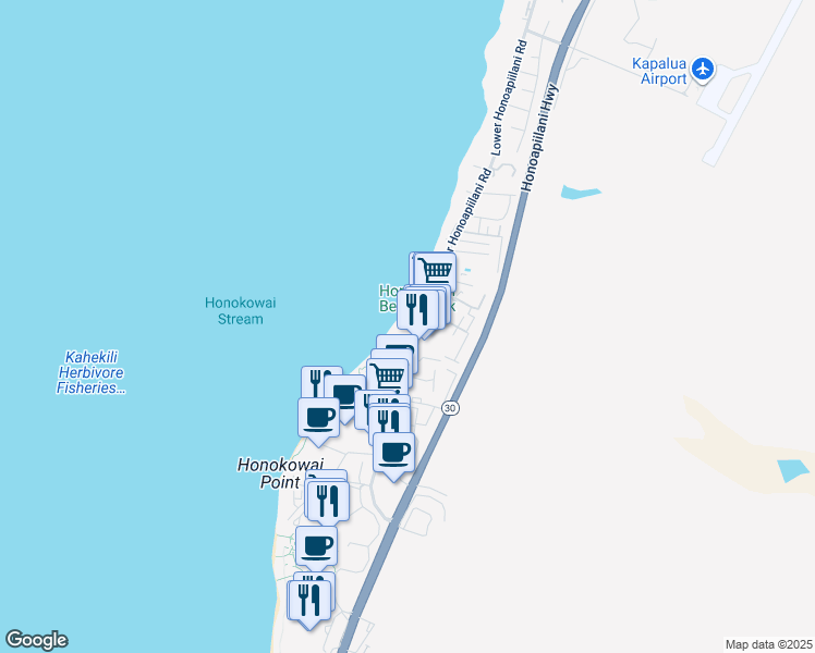 map of restaurants, bars, coffee shops, grocery stores, and more near 3601 Lower Honoapiilani Road in Lahaina