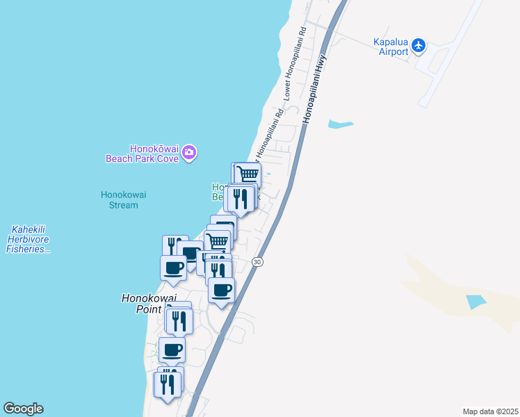 map of restaurants, bars, coffee shops, grocery stores, and more near 3626 Lower Honoapiilani Road in Lahaina