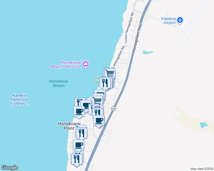map of restaurants, bars, coffee shops, grocery stores, and more near 3615 Lower Honoapiilani Road in Lahaina