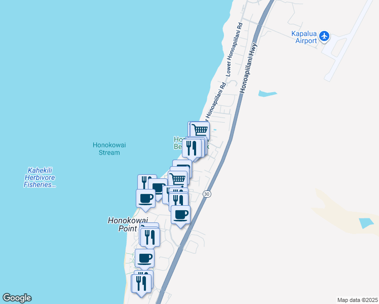 map of restaurants, bars, coffee shops, grocery stores, and more near 3615 Lower Honoapiilani Road in Lahaina
