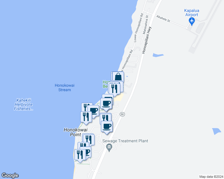 map of restaurants, bars, coffee shops, grocery stores, and more near 3615 Lower Honoapiilani Road in Lahaina