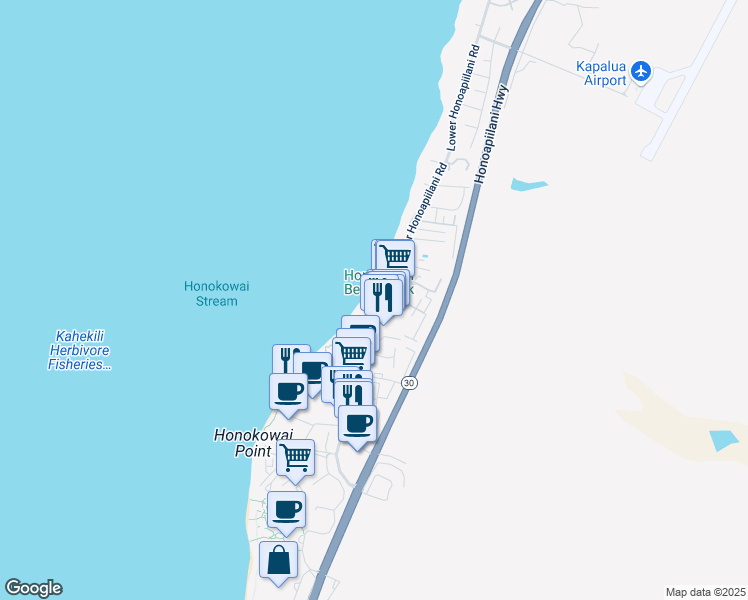 map of restaurants, bars, coffee shops, grocery stores, and more near 3615 Lower Honoapiilani Road in Lahaina