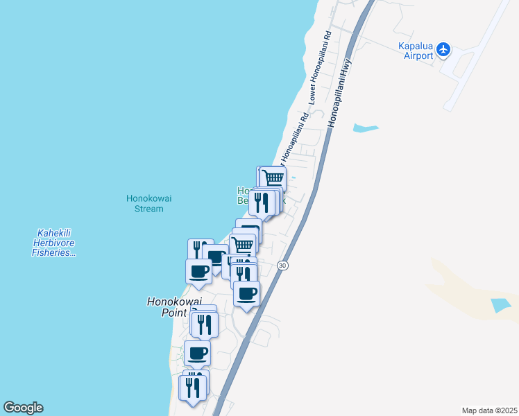 map of restaurants, bars, coffee shops, grocery stores, and more near 3615 Lower Honoapiilani Road in Lahaina