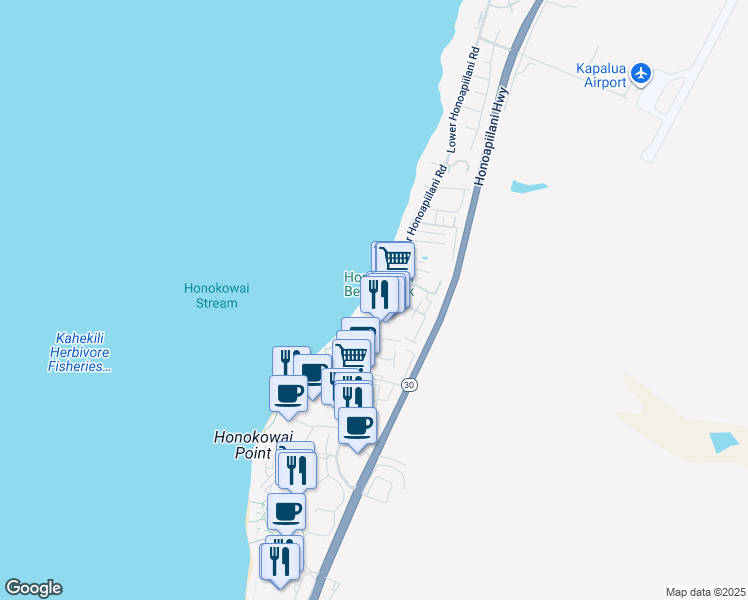 map of restaurants, bars, coffee shops, grocery stores, and more near 3601 Lower Honoapiilani Road in Lahaina