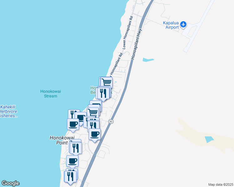 map of restaurants, bars, coffee shops, grocery stores, and more near 3660 Lower Honoapiilani Road in Lahaina