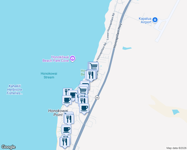 map of restaurants, bars, coffee shops, grocery stores, and more near 3626 Lower Honoapiilani Road in Lahaina