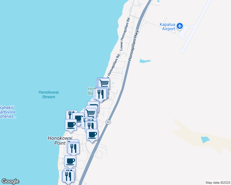 map of restaurants, bars, coffee shops, grocery stores, and more near 3660 Lower Honoapiilani Road in Lahaina