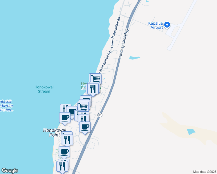 map of restaurants, bars, coffee shops, grocery stores, and more near 3660 Lower Honoapiilani Road in Lahaina