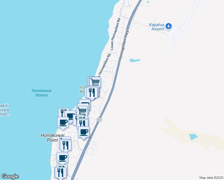 map of restaurants, bars, coffee shops, grocery stores, and more near 3660 Lower Honoapiilani Road in Lahaina