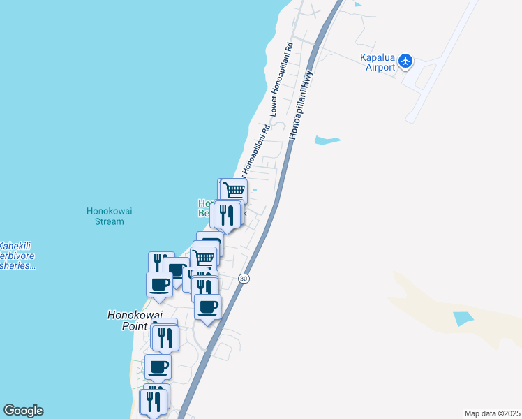 map of restaurants, bars, coffee shops, grocery stores, and more near 3660 Lower Honoapiilani Road in Lahaina