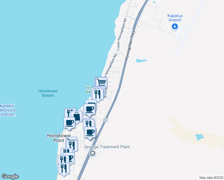 map of restaurants, bars, coffee shops, grocery stores, and more near 3660 Lower Honoapiilani Road in Lahaina