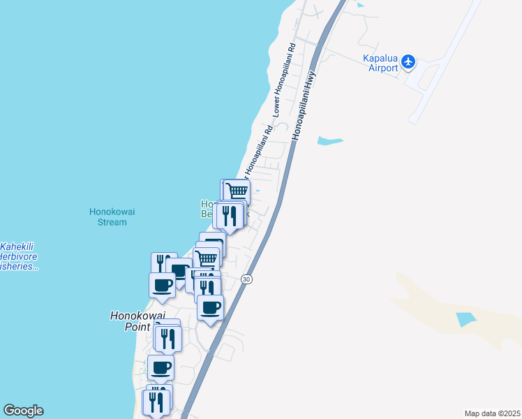 map of restaurants, bars, coffee shops, grocery stores, and more near 3660 Lower Honoapiilani Road in Lahaina