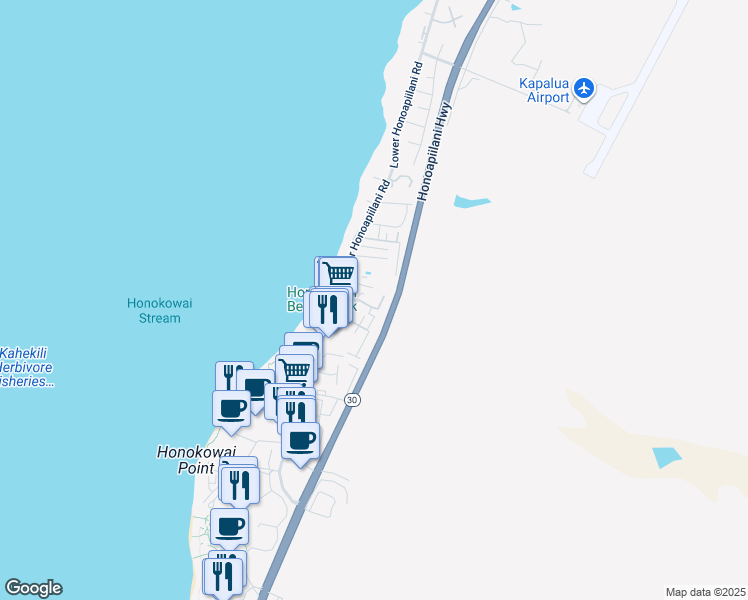 map of restaurants, bars, coffee shops, grocery stores, and more near 3660 Lower Honoapiilani Road in Lahaina