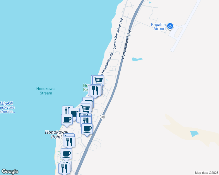 map of restaurants, bars, coffee shops, grocery stores, and more near 3660 Lower Honoapiilani Road in Lahaina