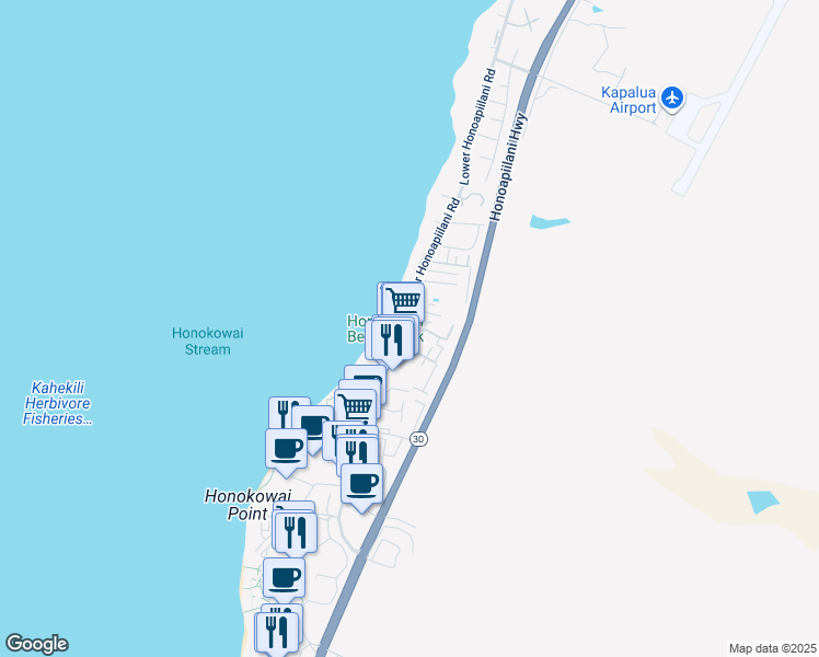 map of restaurants, bars, coffee shops, grocery stores, and more near 3666 Lower Honoapiilani Road in Lahaina