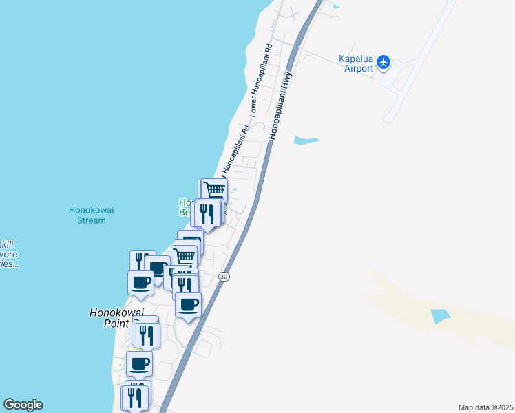 map of restaurants, bars, coffee shops, grocery stores, and more near 3676 Lower Honoapiilani Road in Lahaina