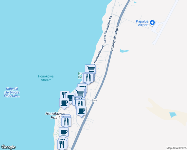 map of restaurants, bars, coffee shops, grocery stores, and more near 3676 Lower Honoapiilani Road in Lahaina