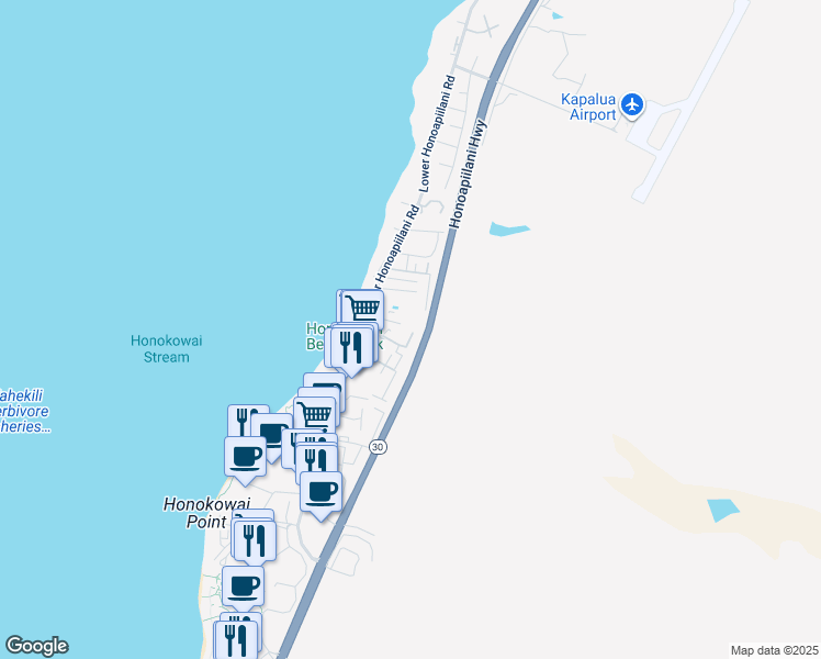 map of restaurants, bars, coffee shops, grocery stores, and more near 3676 Lower Honoapiilani Road in Lahaina