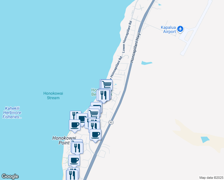 map of restaurants, bars, coffee shops, grocery stores, and more near 3666 Lower Honoapiilani Road in Lahaina