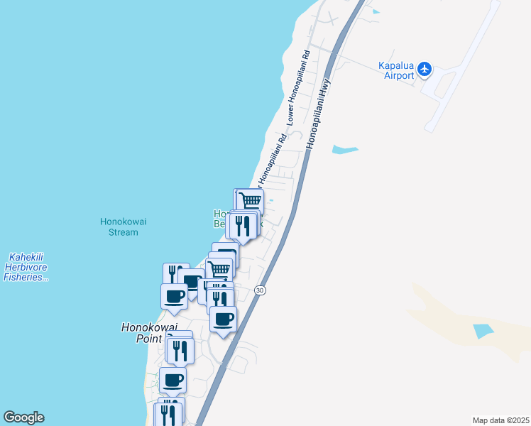 map of restaurants, bars, coffee shops, grocery stores, and more near 3666 Lower Honoapiilani Road in Lahaina