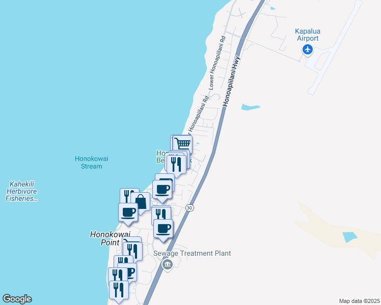 map of restaurants, bars, coffee shops, grocery stores, and more near 3666 Lower Honoapiilani Road in Lahaina