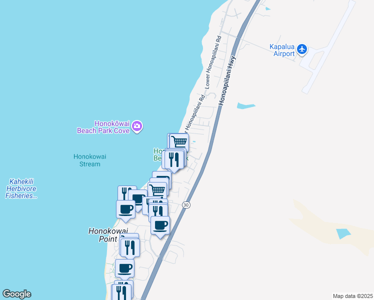 map of restaurants, bars, coffee shops, grocery stores, and more near 3666 Lower Honoapiilani Road in Lahaina