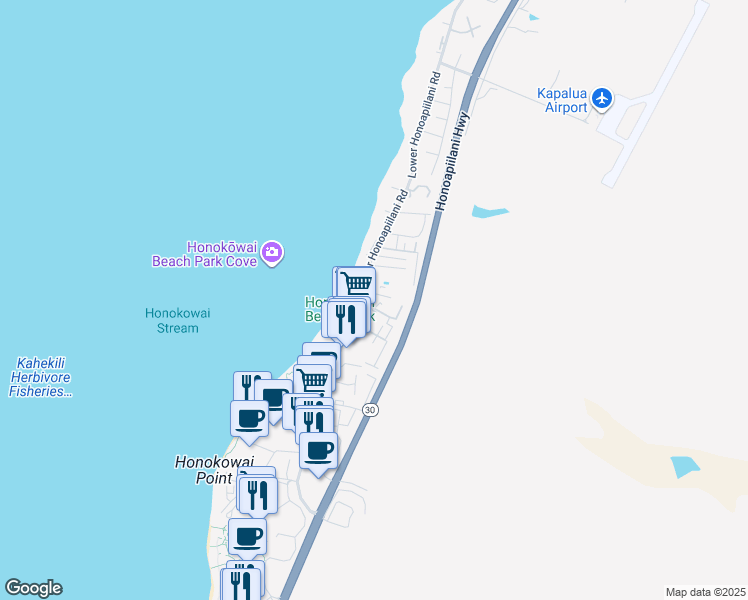 map of restaurants, bars, coffee shops, grocery stores, and more near 3666 Lower Honoapiilani Road in Lahaina