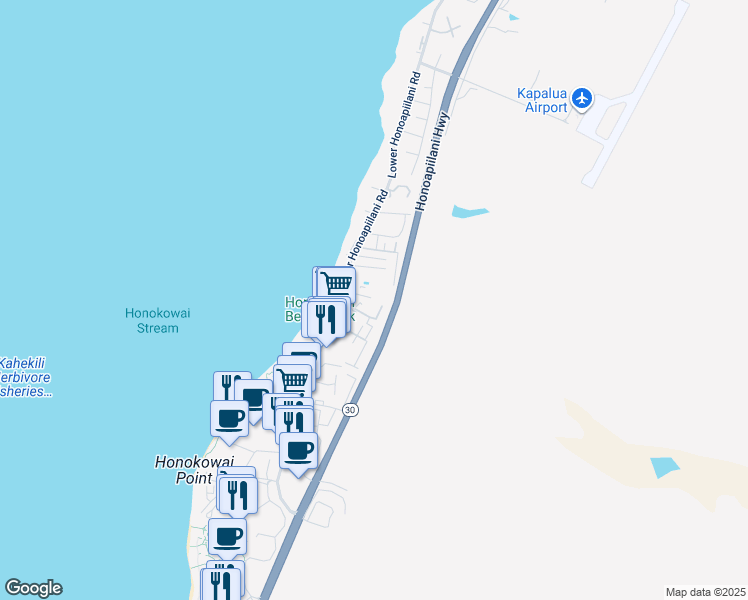 map of restaurants, bars, coffee shops, grocery stores, and more near 3676 Lower Honoapiilani Road in Lahaina
