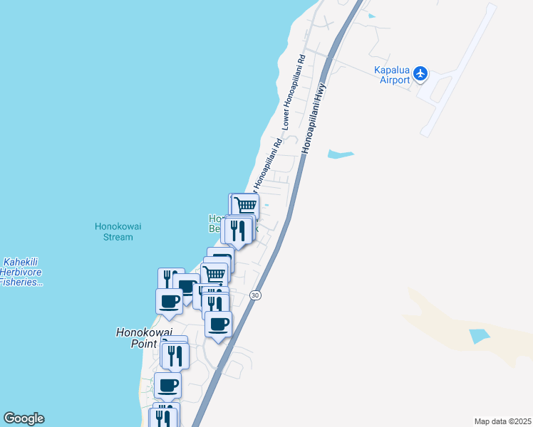 map of restaurants, bars, coffee shops, grocery stores, and more near 3702 Lower Honoapiilani Road in Lahaina